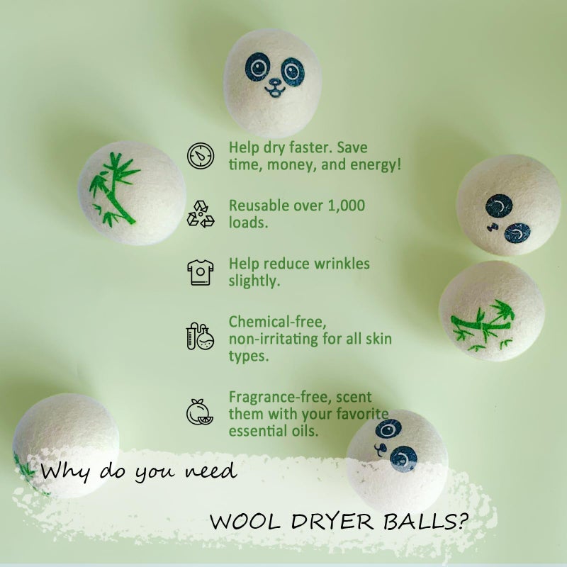 Qingbei Wool Dryer Balls Laundry Reusable, 100% Natural New Zealand Wool Balls for Dryer, 6 in 1 Pack (Panda) - Image 3
